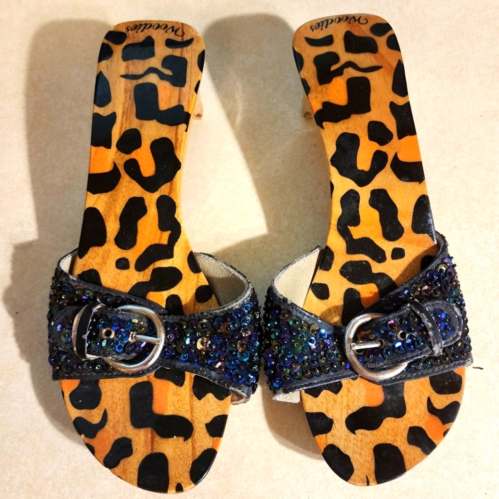 Woodies Leopard Print Sandals with Black Sequin Straps